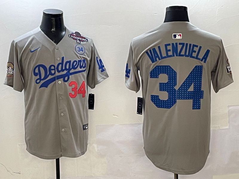 Men Los Angeles Dodgers #34 Valenzuela Grey Blue Fashion Game 2025 Nike MLB Jersey style 3262